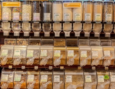 Self-serve bulk foods and sustainable goods bins stocked fresh at the Durango market.