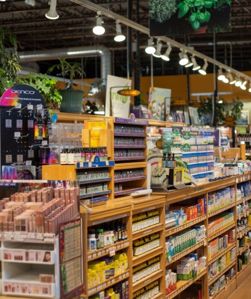 Organic skincare display and natural beauty products inside Nature's Oasis in Durango, CO.